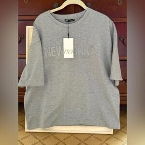 Zara Metallic Thread T-Shirt w Slogan - Silver NWT S